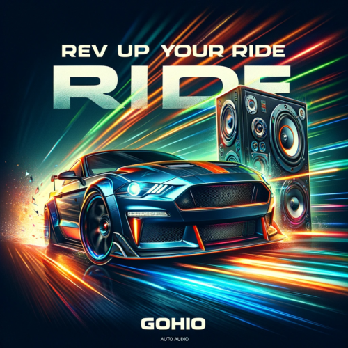 A sleek and modern car equipped with GoHo Auto Audio system, showcasing visible speakers and advanced sound technology. The car is in motion with a blurred background, emphasizing speed and high-quality audio.