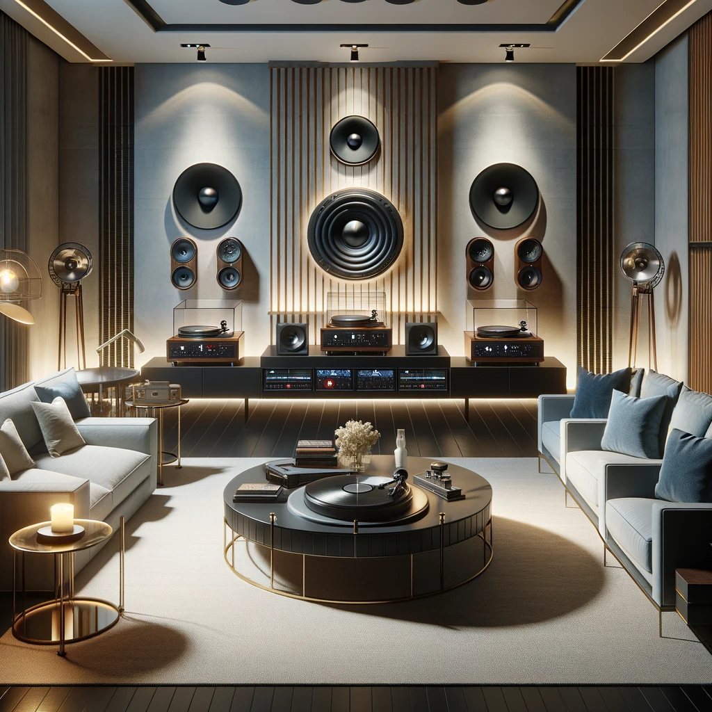 A sophisticated home audio room with custom installations including wall-mounted and in-ceiling speakers, and a high-end turntable setup.