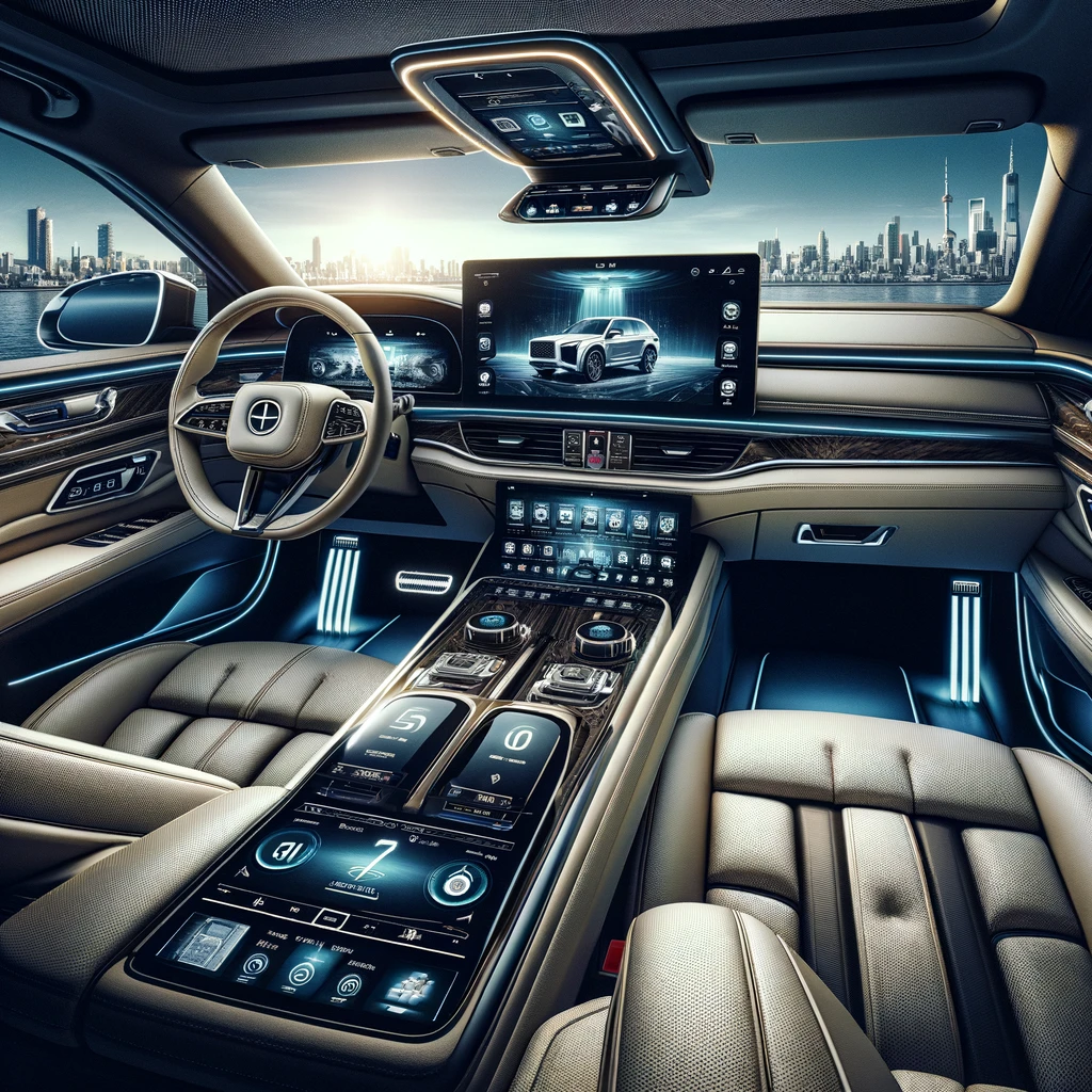 A luxury vehicle interior showcasing an advanced in-car entertainment system with a touch screen display, rear individual screens, and surround sound speakers.